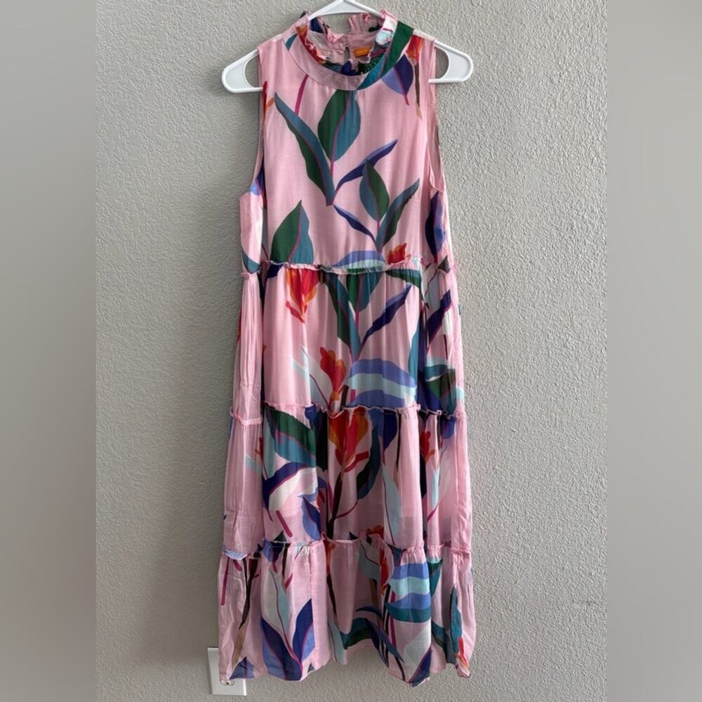 Oliphant Pink Floral Midi Dress with Multicolor Leaf Print